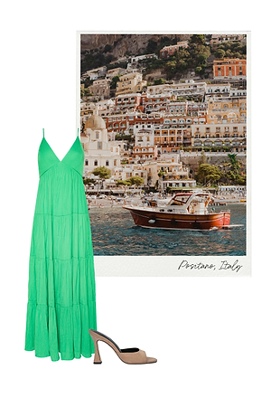 A collage featuring a green spaghetti-strap maxi dress, a pair of taupe high-heeled mules, and a photo of colorful cliffside buildings and a boat on the water in Positano, Italy.