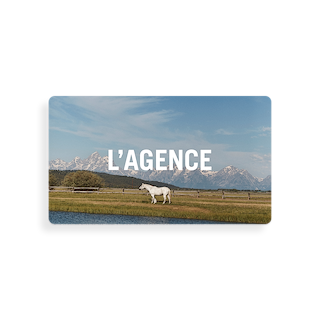 A white horse stands in a grassy field near water, with mountains in the background under a blue sky. The words “L’AGENCE Gift Card” are displayed in large white letters across the sky, evoking the convenient way gift cards and redemption instructions are delivered via email.