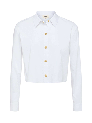 The Cosette Shirt by L'AGENCE is a white button-up with long sleeves, a classic collar, and gold buttons, shown on a plain white background.