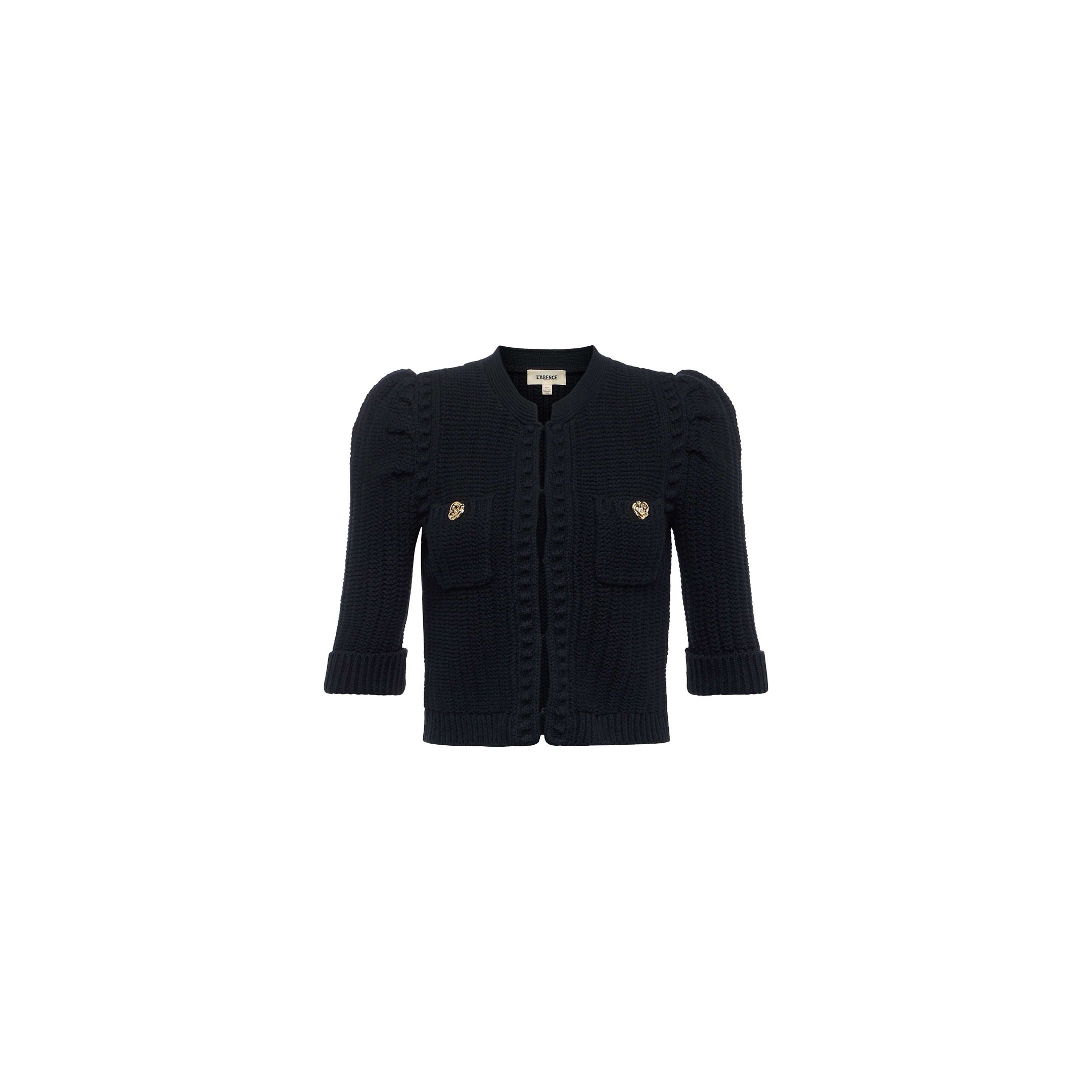 The Delilah Cropped Cardigan is a black puff sleeve design with structured knit, featuring puffed shoulders, two front pockets adorned with gold buttons, ribbed cuffs, and a round neckline, displayed on a plain white background.