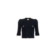 The Delilah Cropped Cardigan is a black puff sleeve design with structured knit, featuring puffed shoulders, two front pockets adorned with gold buttons, ribbed cuffs, and a round neckline, displayed on a plain white background.