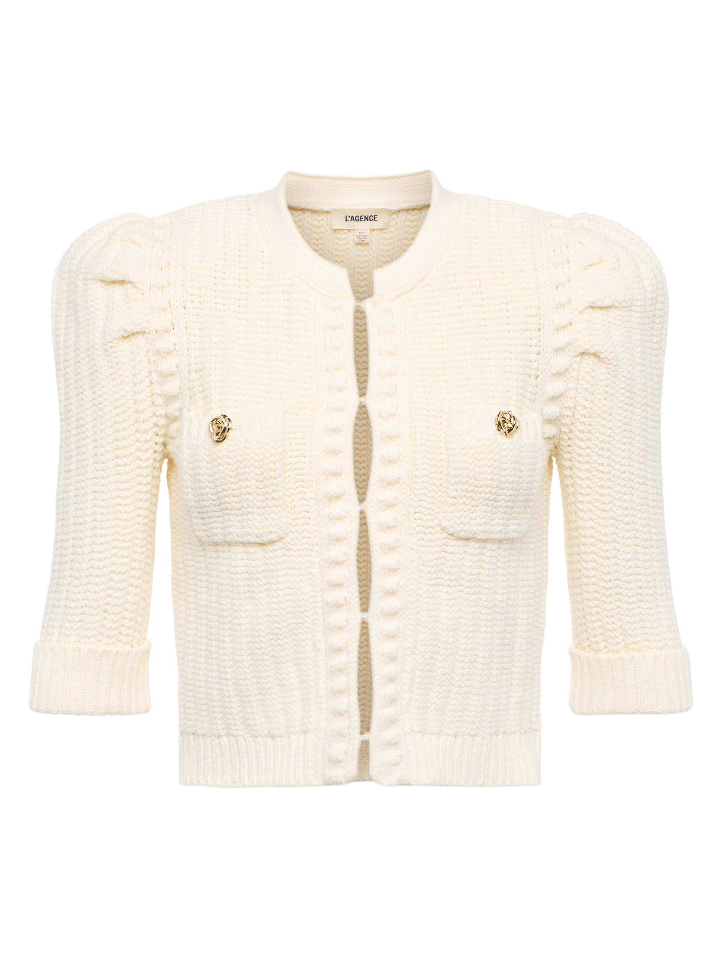 Delilah Cropped Cardigan in Vintage White/Gold Knot | L'AGENCE
