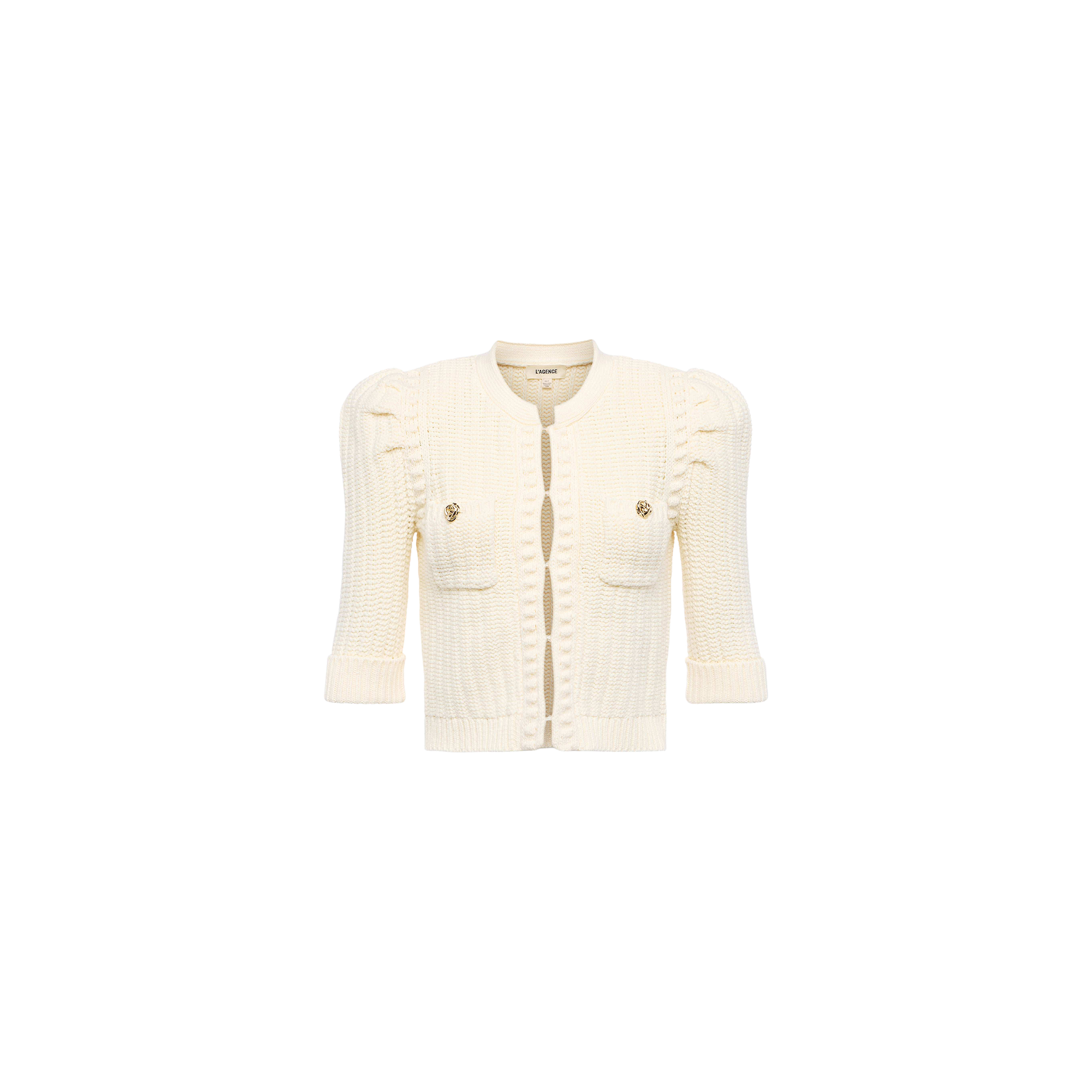 Delilah Cropped Cardigan in Vintage White/Gold Knot | L'AGENCE Delilah Cropped Cardigan in Vintage White/Gold Knot | L'AGENCE
