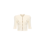 The Delilah Cropped Cardigan is a vintage-inspired white knit with textured detailing, puffed shoulders, front pockets, gold buttons, and three-quarter sleeves, shown against a plain white background.