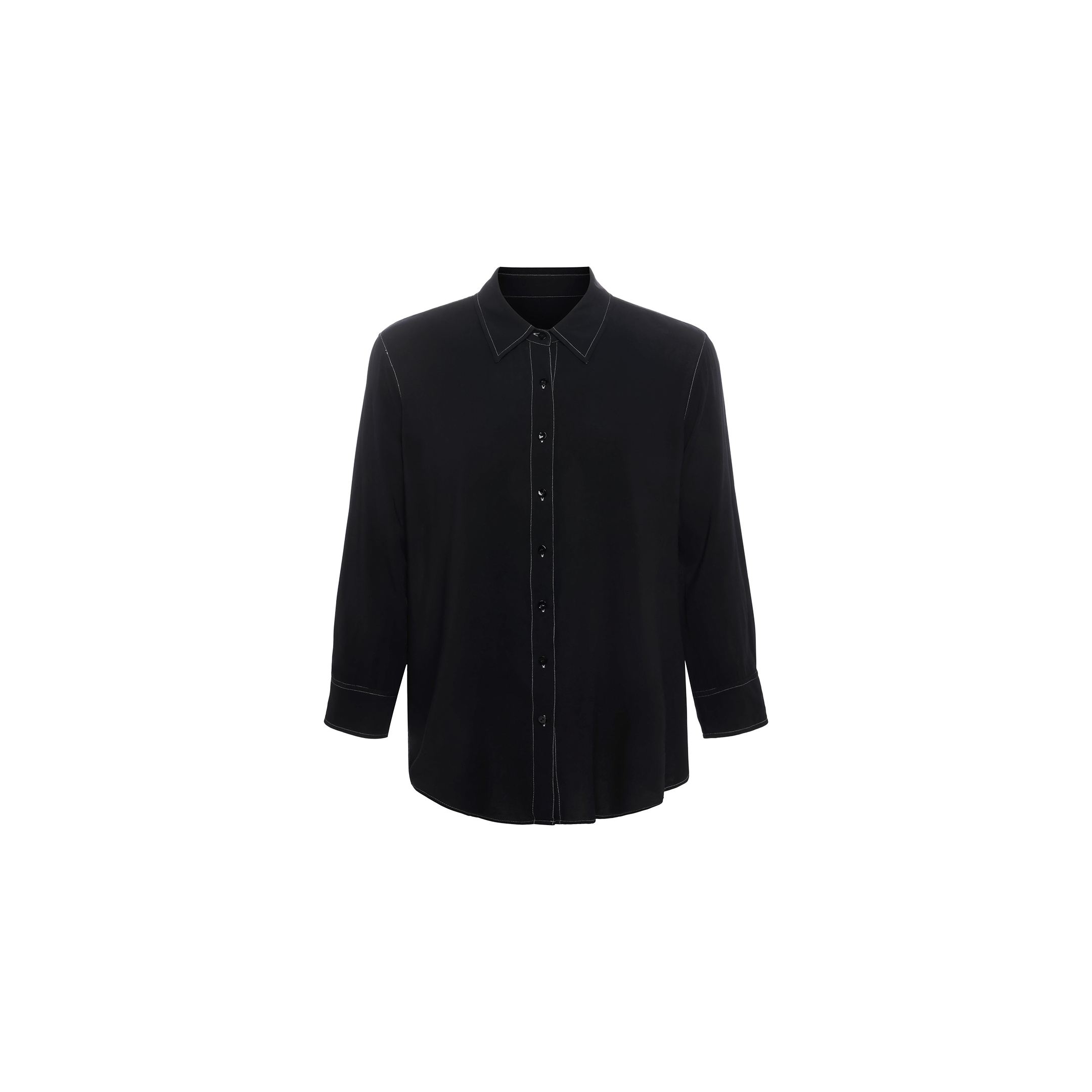 The Marlene Blouse is a black, long-sleeve button-down shirt with a collar, shown against a plain white background. This blouse offers a relaxed fit and features subtle seam detailing.