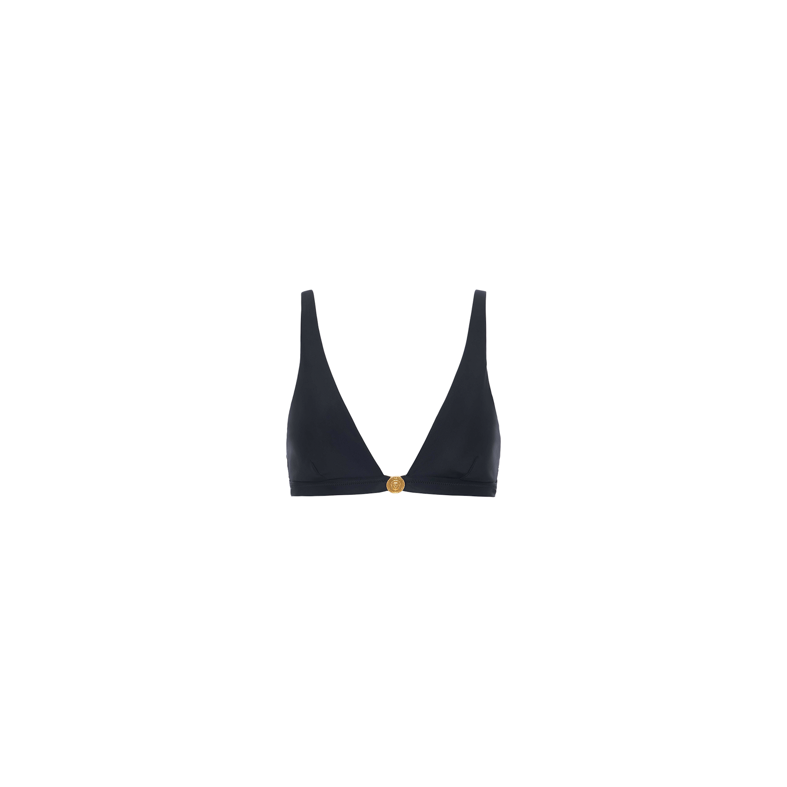 Lexie Bikini Top featuring a deep V neckline and a gold coin hardware clasp at the center for a secure fit, showcased against a plain white background.