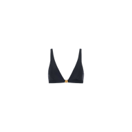 The Lexie Bikini Top is a black triangle bikini top with a deep V-neck and gold coin hardware clasp at the center, featuring adjustable straps for a secure fit. It is displayed on a plain white background.