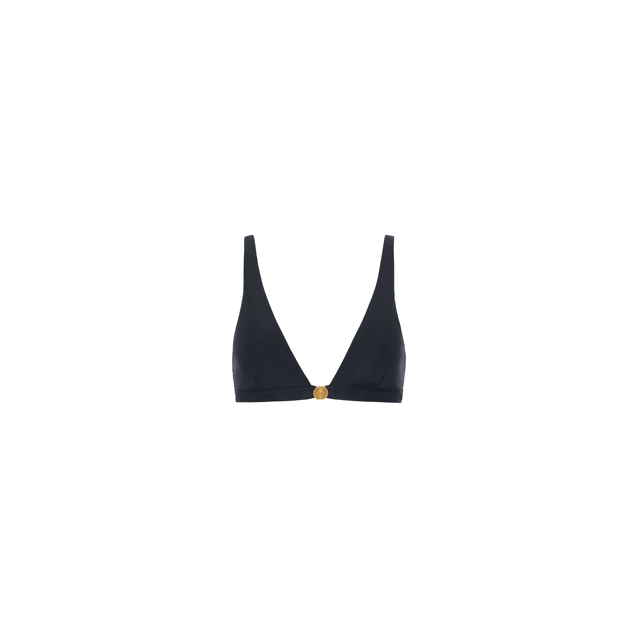 The Lexie Bikini Top is a black triangle bikini top with a deep V-neck and gold coin hardware clasp at the center, featuring adjustable straps for a secure fit. It is displayed on a plain white background.