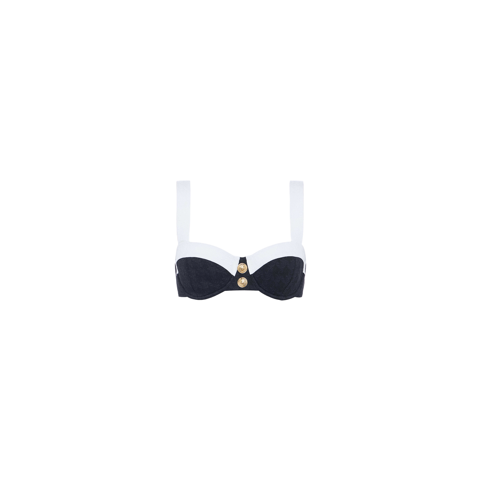 The Alexandria Bikini Top is a black and white balconette style, crafted from textured bouclé fabric with wide white straps and sophisticated gold button accents on the front, showcased against a plain white background.