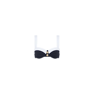 The Alexandria Bikini Top is a black and white balconette style, crafted from textured bouclé fabric with wide white straps and gold button accents on the front, shown against a plain white background.