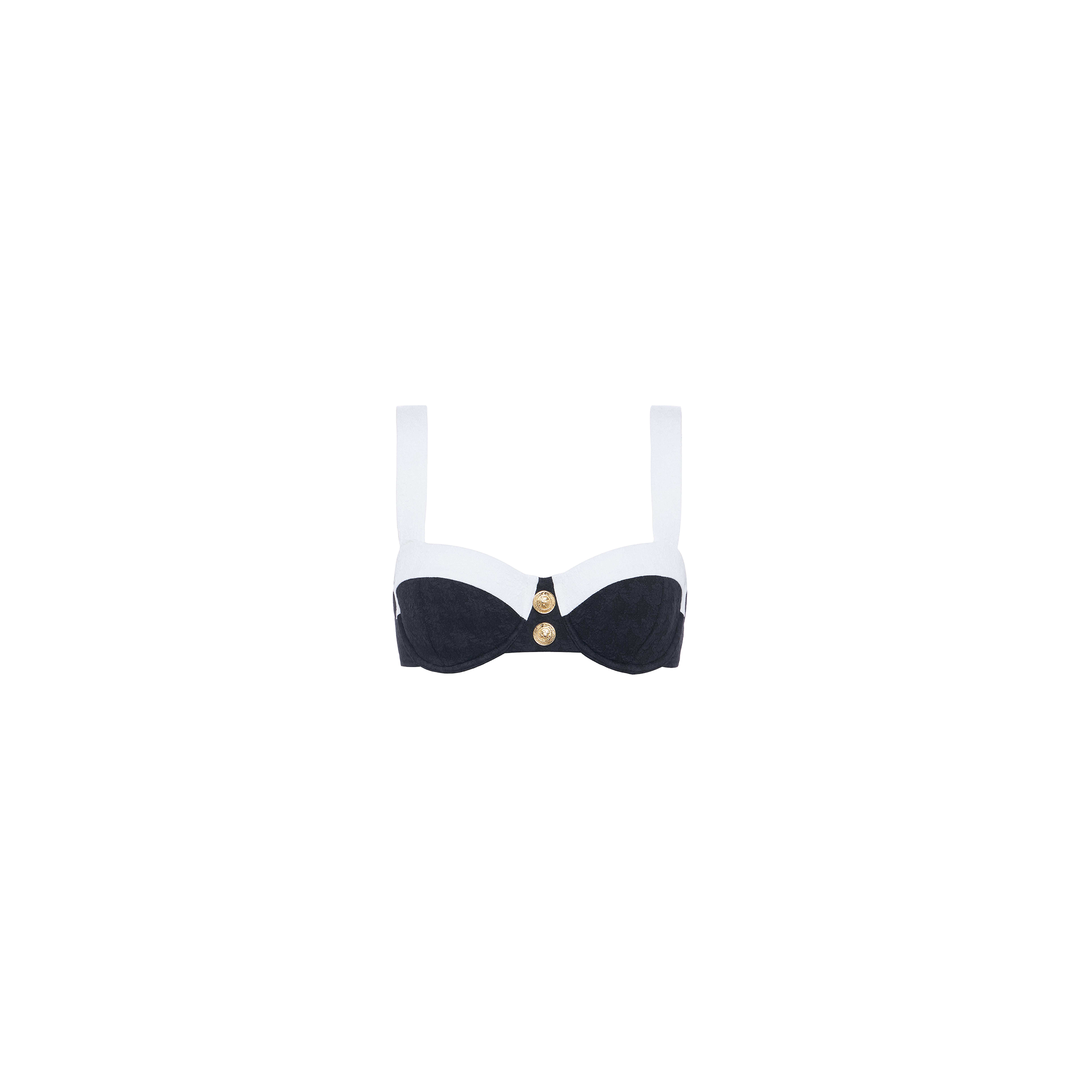 The Alexandria Bikini Top is a black and white balconette style, crafted from textured bouclé fabric with wide white straps and gold button accents on the front, shown against a plain white background.