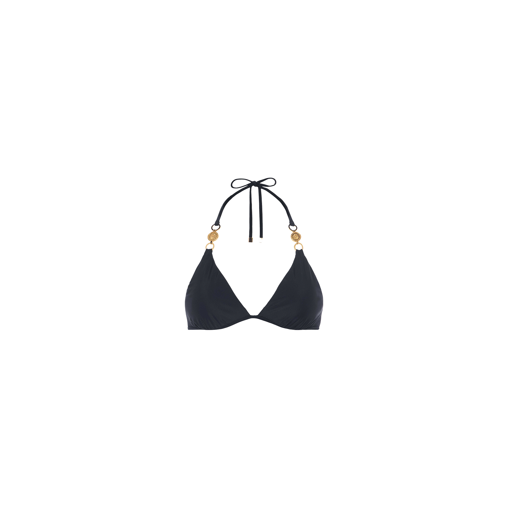 The Annabelle Triangle Bikini Top, in black, features gold coin hardware accents on each strap and is shown against a plain white background. Its design includes adjustable straps for a customized fit.