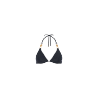 The Annabelle Triangle Bikini Top, in black, features gold coin hardware accents on each strap and is shown against a plain white background. Its design includes adjustable straps for a customized fit.