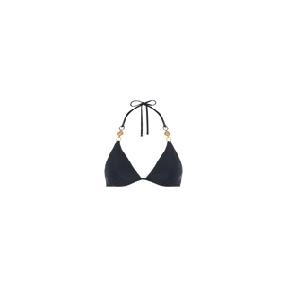 The Annabelle Triangle Bikini Top, in black, features gold coin hardware accents on each strap and is shown against a plain white background. Its design includes adjustable straps for a customized fit.