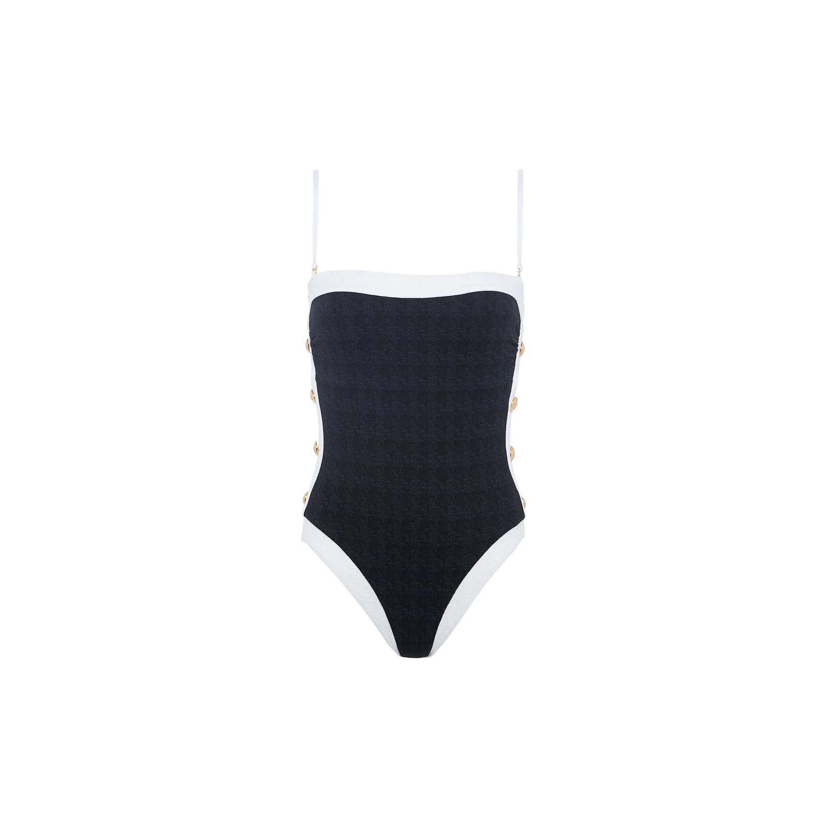 The Tory Bandeau One-Piece Swimsuit features a black body with white trim, thin shoulder straps, and gold buttons along the sides, showcasing a chic high-leg cut and displayed on a plain white background.