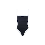 The Tory Bandeau One-Piece Swimsuit features a black body with white trim, thin shoulder straps, and gold buttons along the sides, showcasing a chic high-leg cut and displayed on a plain white background.