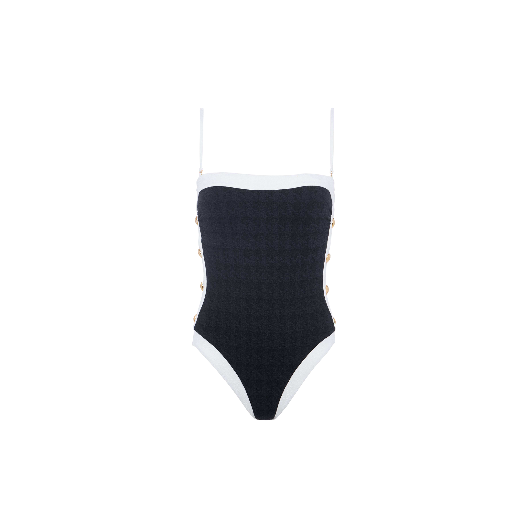 The Tory Bandeau One-Piece Swimsuit features a black body with white trim, thin shoulder straps, and gold buttons along the sides, showcasing a chic high-leg cut and displayed on a plain white background.