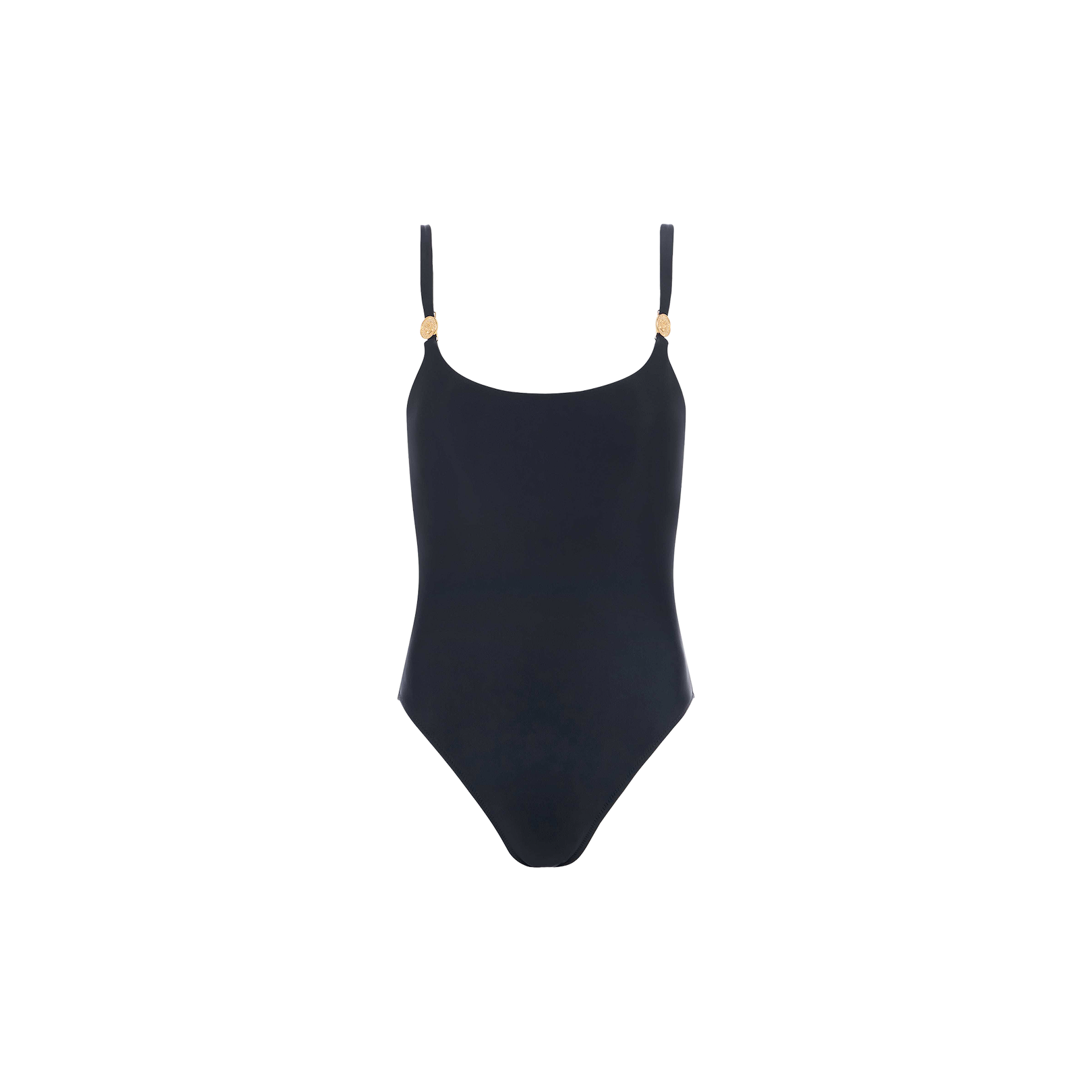 Remi One-Piece Swimsuit shown in black, featuring thin adjustable shoulder straps with subtle gold accents and a flattering high-leg cut, displayed against a plain white background.