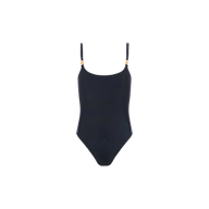 The Remi One-Piece Swimsuit in black features thin adjustable shoulder straps, gold-tone hardware accents, underwire construction, and a high leg cut, displayed against a plain white background.