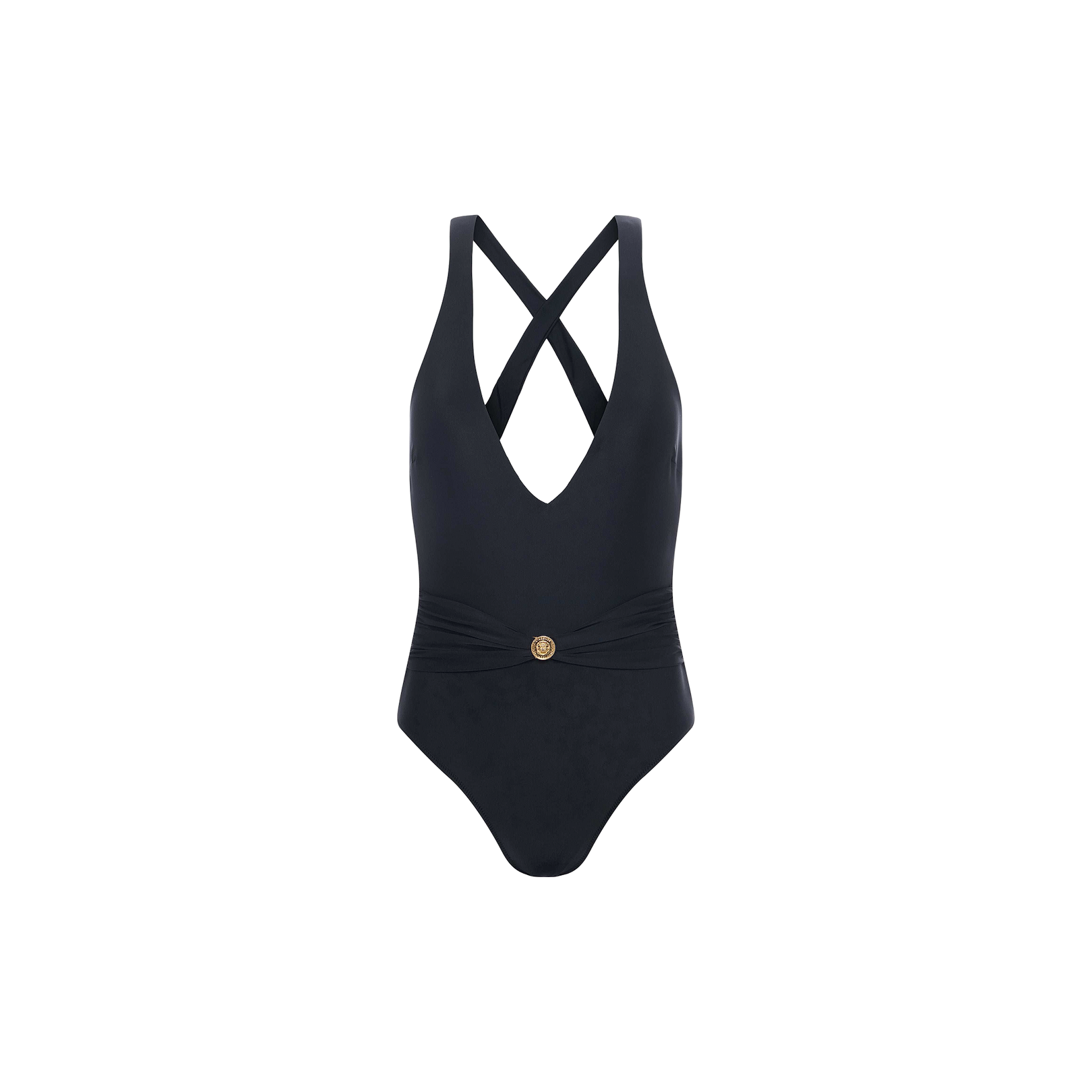 The Lisa Plunge One-Piece Swimsuit, featuring a deep plunge neckline, crisscross back straps, a ruched waistband, and a gold button detail at the waist, is displayed on a plain white background.
