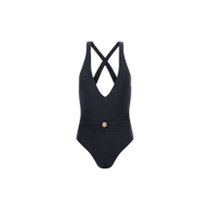 Lisa Plunge One-Piece Swimsuit in black, featuring a plunging neckline, crisscross straps at the back, a gold decorative button at the waist, and a ruched waistband. Displayed against a plain white background.