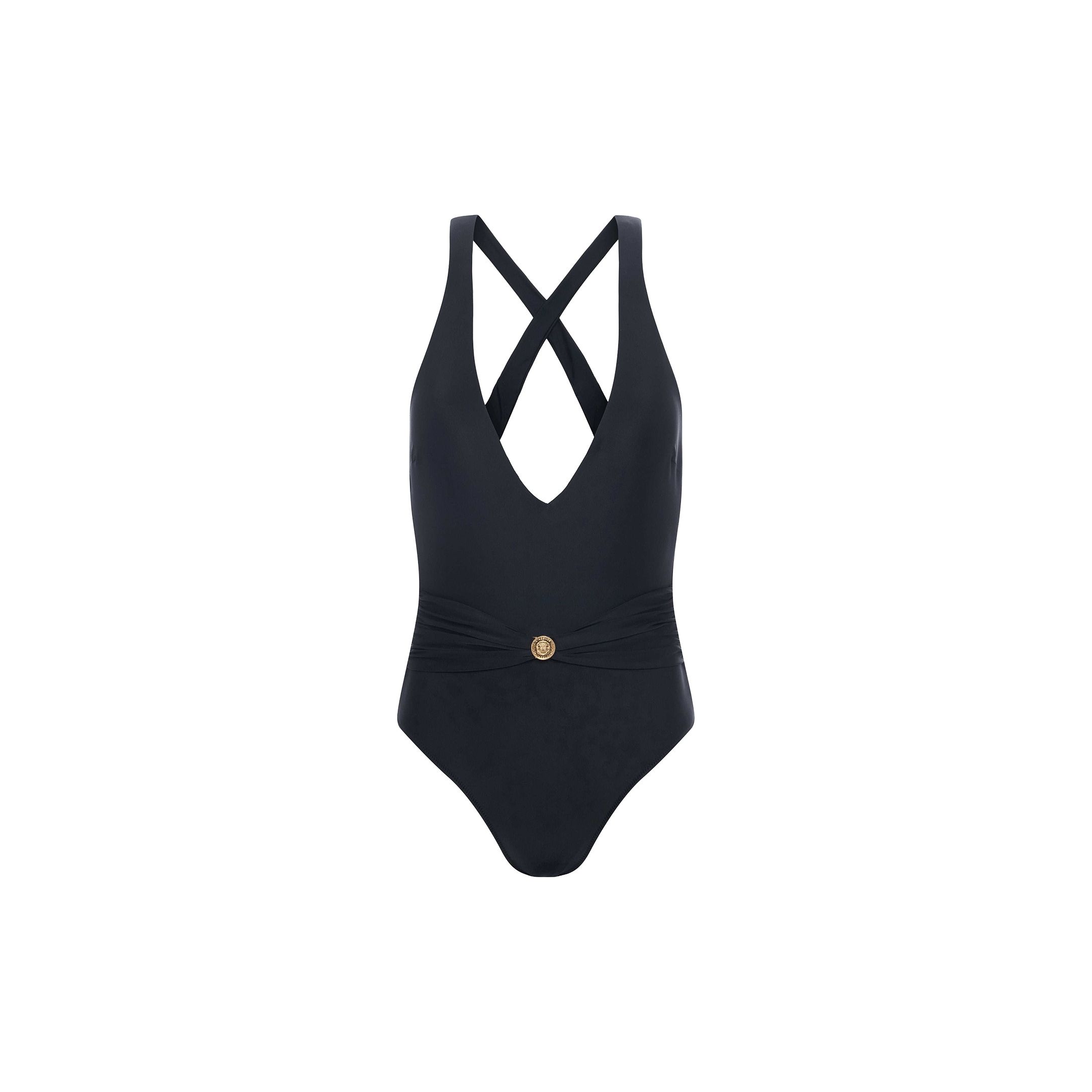 Lisa Plunge One-Piece Swimsuit in black, featuring a plunging neckline, crisscross straps at the back, a gold decorative button at the waist, and a ruched waistband. Displayed against a plain white background.