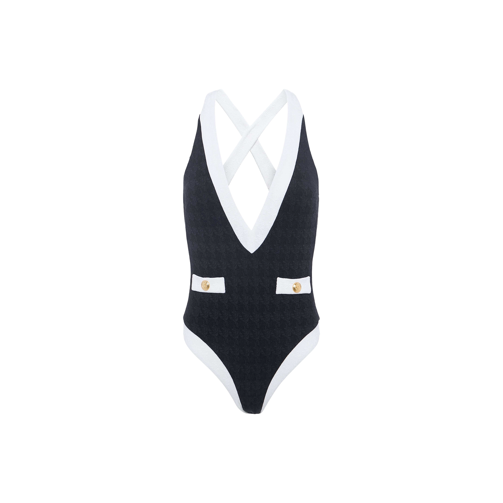 The Lisa Plunge One-Piece Swimsuit features a black, textured bouclé fabric with a deep V-neckline and white trim. It has crisscross straps at the back, two white decorative tabs with gold buttons at the waist, and provides moderate bottom coverage. The swimsuit is displayed against a plain white background.