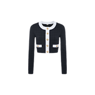 The Adaline Cardigan Cover-Up is a cropped, long-sleeve black cardigan featuring white trim, gold buttons down the front, and two front pockets. Designed as a stylish swimsuit cover-up or versatile beach-to-boat layer, it is displayed on a plain white background.