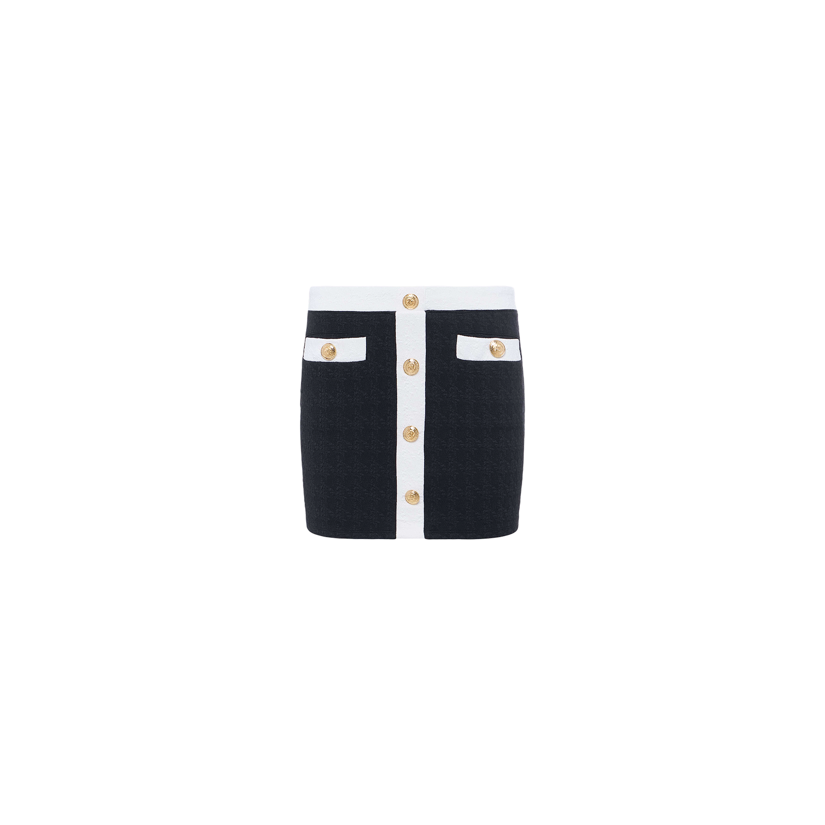 The Coco Mini Skirt Cover-Up is a black mini skirt made from textured bouclé fabric, accented with white trim, gold buttons down the front, and two front pockets trimmed in white and each finished with a gold button. The background is plain white.