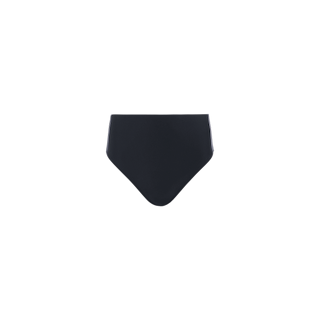The Vanessa High-Waisted Bikini Bottom is a versatile pair of black bikini bottoms featuring moderate coverage, shown against a white background.
