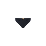 The Miya Bikini Bottom, shown on a plain white background, features a black design with a ruched waistband and a gold coin detail at the center.