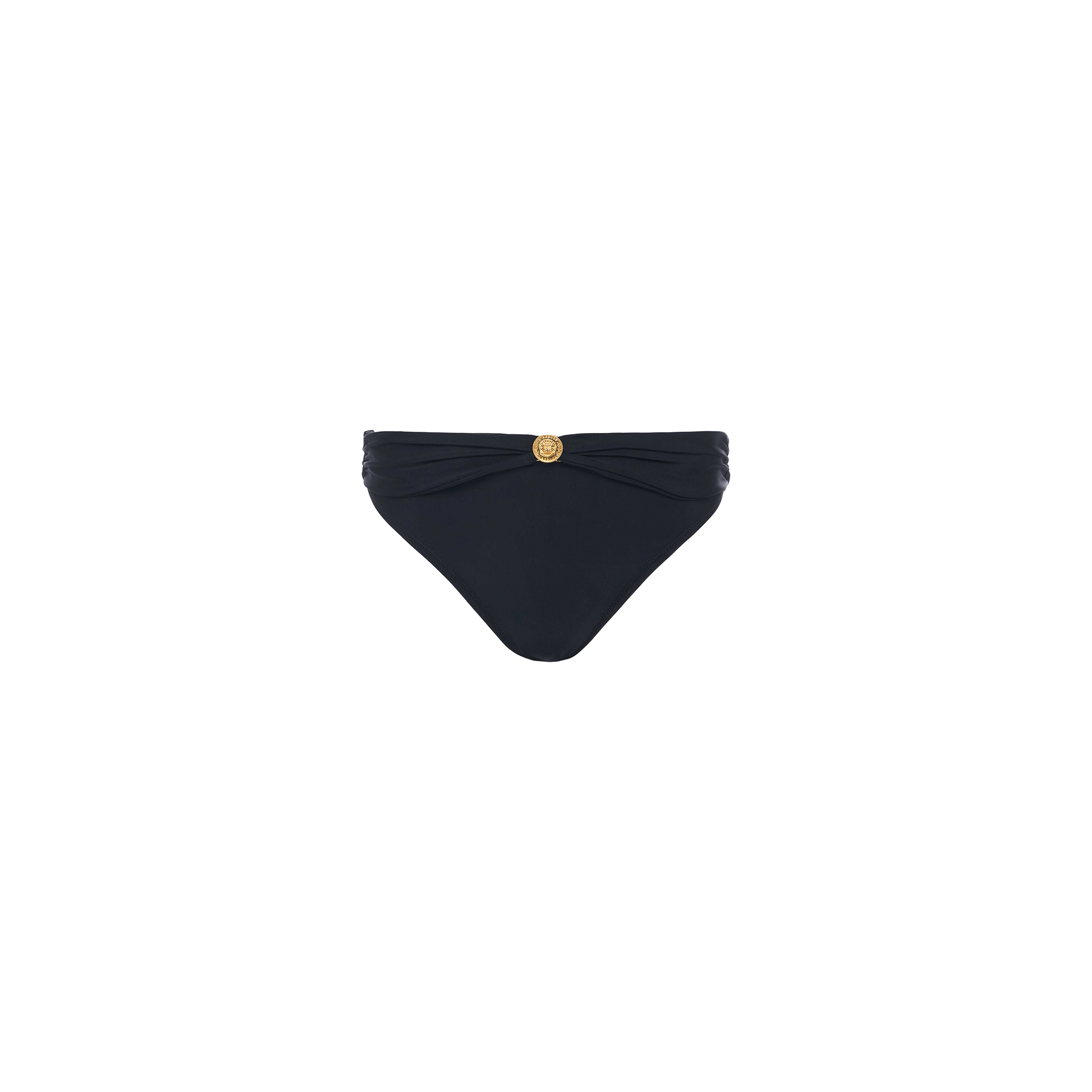 The Miya Bikini Bottom, shown on a plain white background, features a black design with a ruched waistband and a gold coin detail at the center.