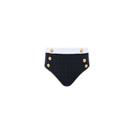 Vanessa High-Waisted Bikini Bottom in textured black bouclé fabric, designed with a white waistband and six gold decorative buttons—three on each side of the front. Shown against a plain white background.