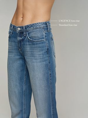 Close-up of a person wearing blue jeans, showing the waistband area. Two horizontal lines indicate different waist heights: LAGENCE low-rise and Standard low rise, with the LAGENCE line sitting lower.