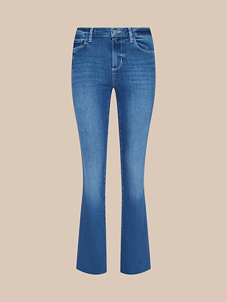 Petite Ruth Straight-Leg Jean in a heritage indigo wash, featuring a classic five-pocket design, front zipper, and button closure, displayed against a light beige background.