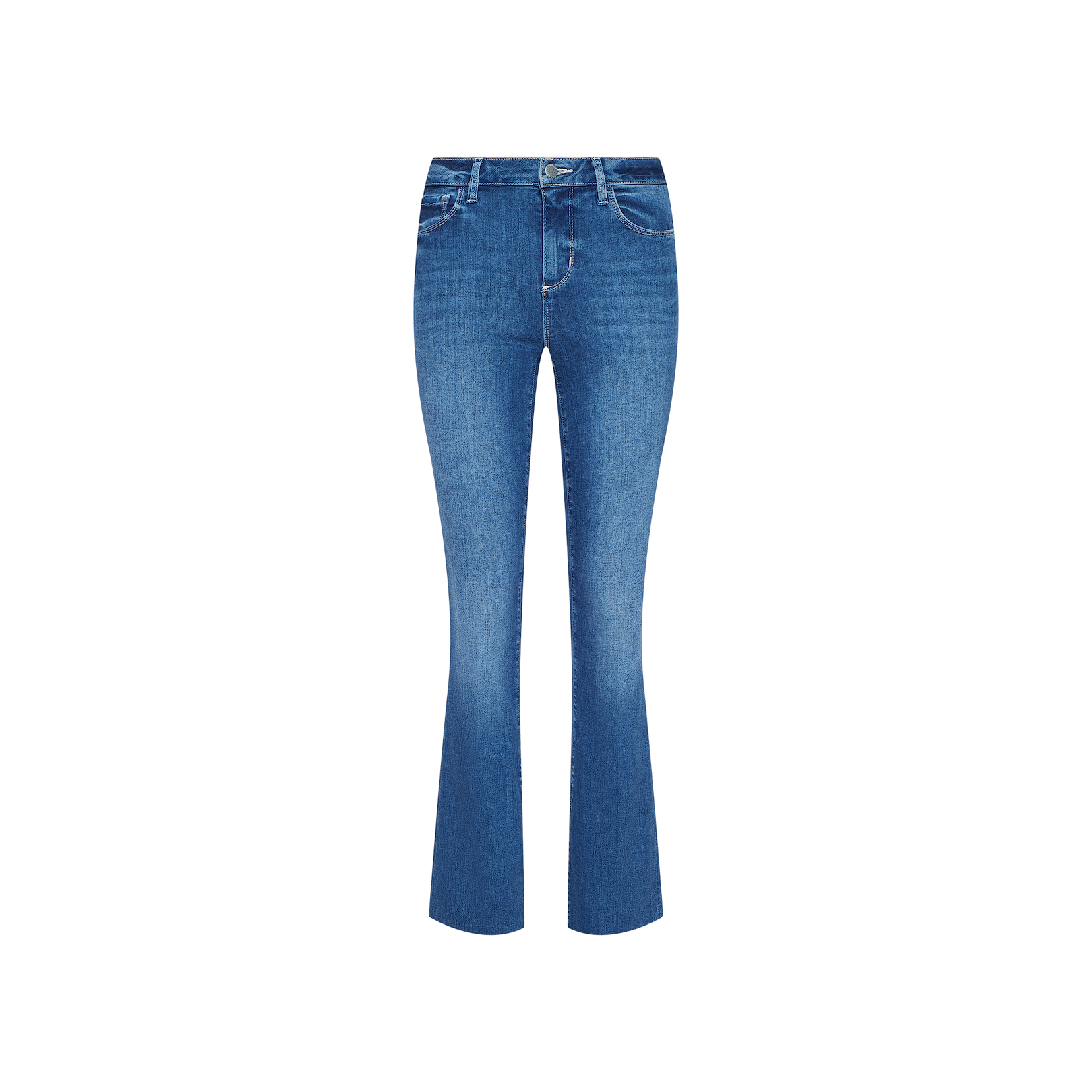 A pair of Petite Ruth Straight-Leg Jeans in a heritage indigo wash with front pockets, belt loops, and a button and zipper closure, crafted from super stretch denim and displayed against a plain white background.