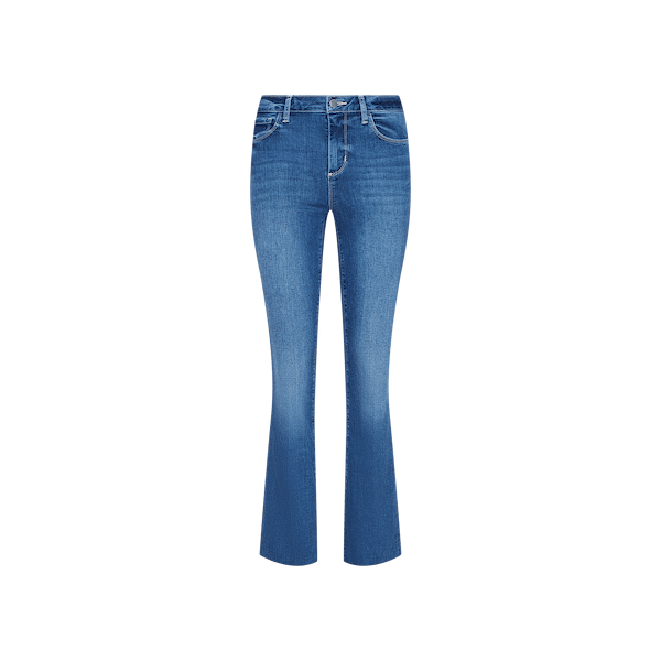 The Petite Ruth Straight-Leg Jean in heritage indigo features a slight flare at the bottom, a classic five-pocket design, front zipper and button closure, and is crafted from super stretch denim. Shown on a plain white background.