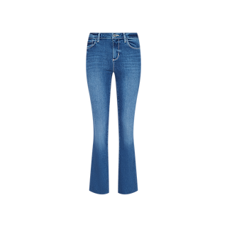 A pair of Petite Ruth Straight-Leg Jeans in a heritage indigo wash with front pockets, belt loops, and a button and zipper closure, crafted from super stretch denim and displayed against a plain white background.