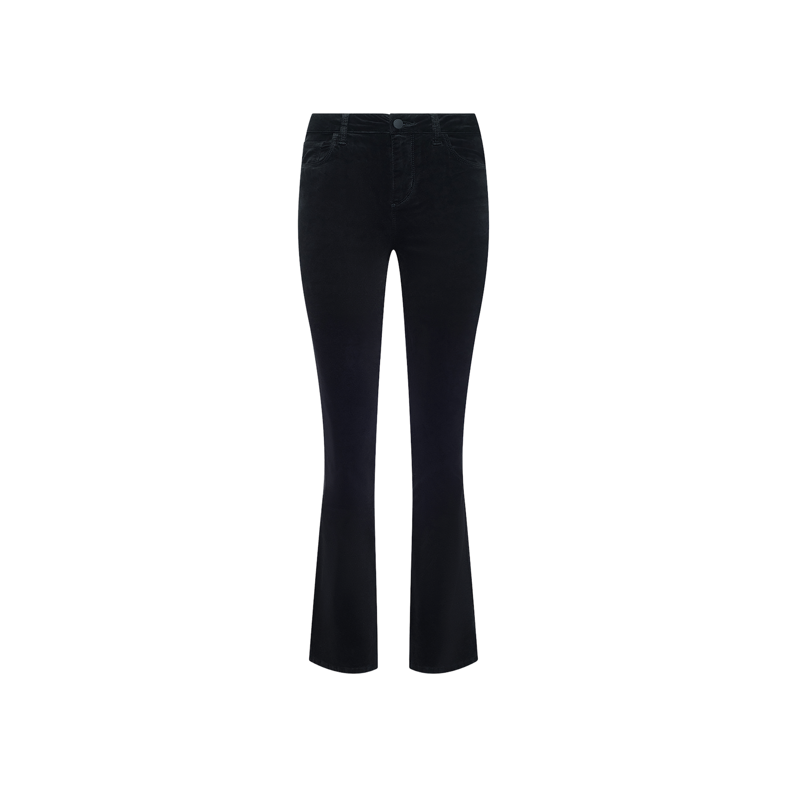 The Petite Stevie Velvet Jean in black, featuring a bootcut silhouette, is displayed on a plain white background.