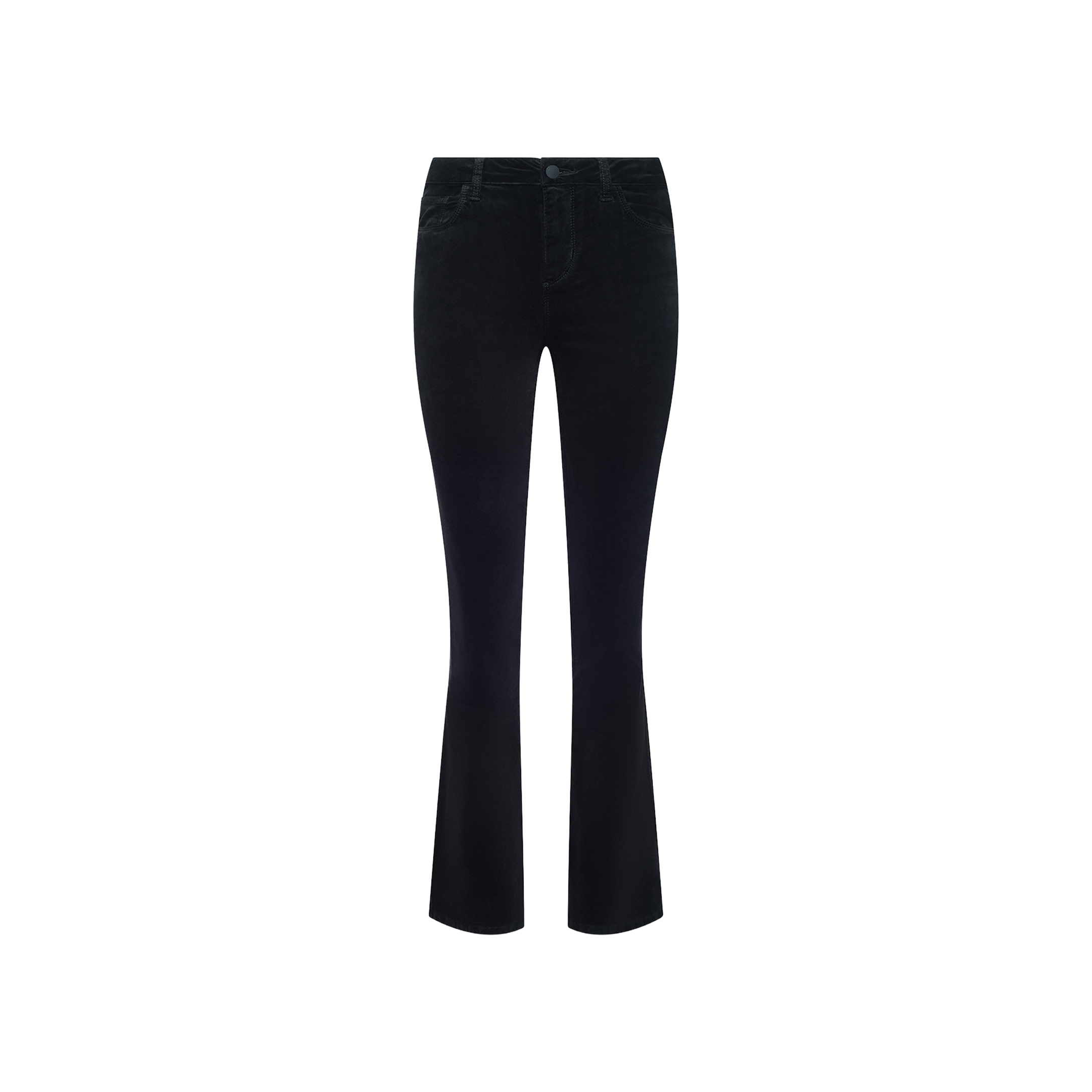 The Petite Stevie Velvet Jean in black, featuring a bootcut silhouette, is displayed on a plain white background.