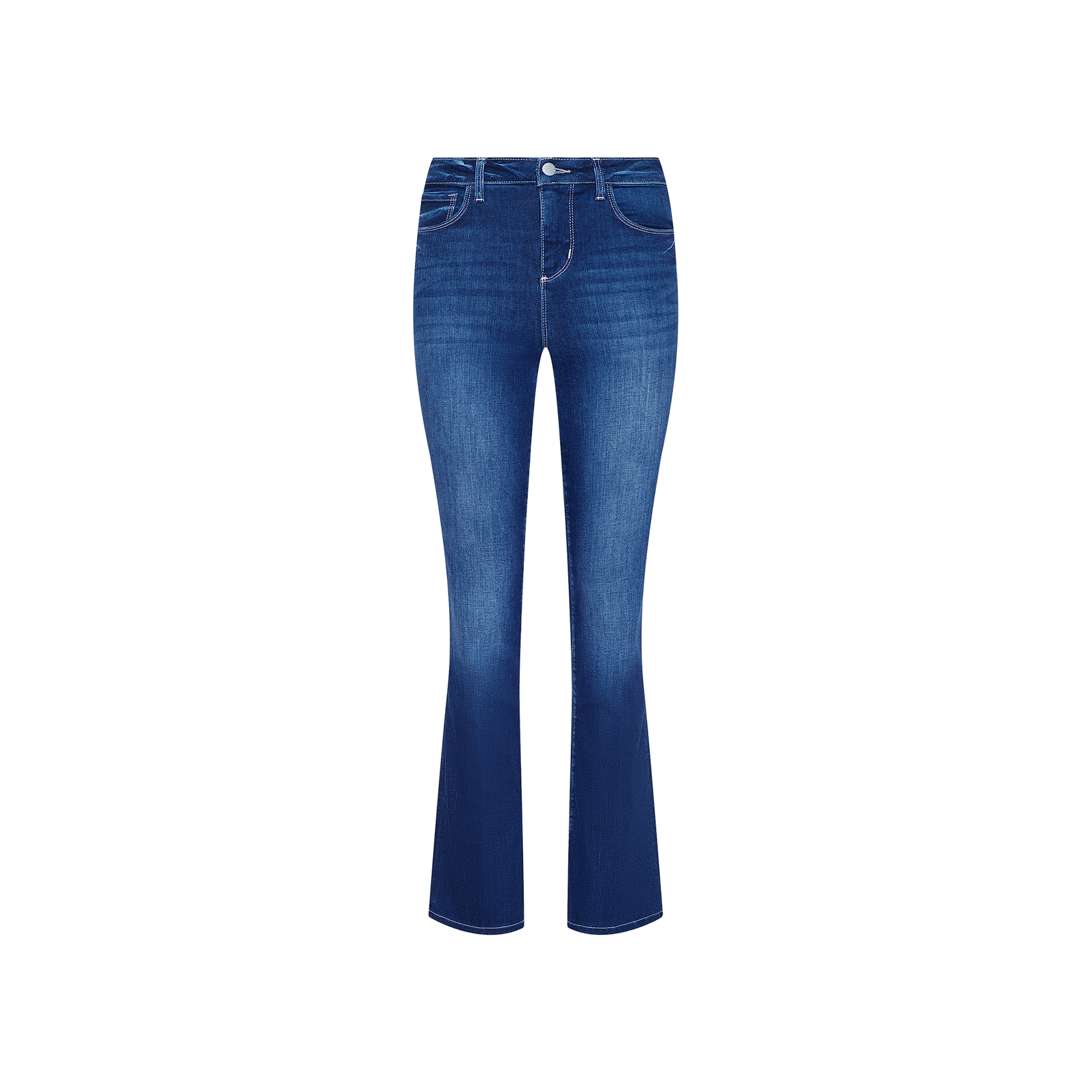 The Petite Selma Bootcut Jean is a pair of blue slim bootcut jeans made from super stretch denim, designed with a button and zipper closure, front and back pockets, and faded detailing on the thighs, shown against a plain white background.