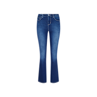 The Petite Selma Bootcut Jean, crafted from super stretch denim, features a bootcut silhouette in blue with front pockets, button closure, and slightly faded detailing on the thighs. It is displayed against a plain white background.