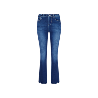 The Petite Selma Bootcut Jean is a pair of blue slim bootcut jeans made from super stretch denim, designed with a button and zipper closure, front and back pockets, and faded detailing on the thighs, shown against a plain white background.