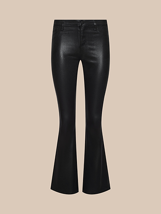 Petite Marty Coated Jean from the Les Petites Collection in black, featuring a high-rise flared silhouette with a slight sheen, crafted from coated denim with a fitted waist, button and zipper closure, and two front pockets, displayed on a beige background.