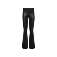 Petite Marty Coated Jean—black coated denim flared pants featuring a high-rise waist, front zipper, and button closure, displayed on a plain white background.