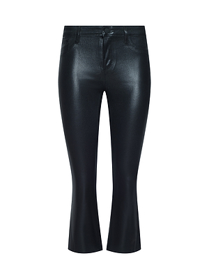 The Kendra Coated Cropped Flare Jean is a black, high-rise faux leather pant with a slight flare, front button and zipper closure, and side pockets, shown against a white background.