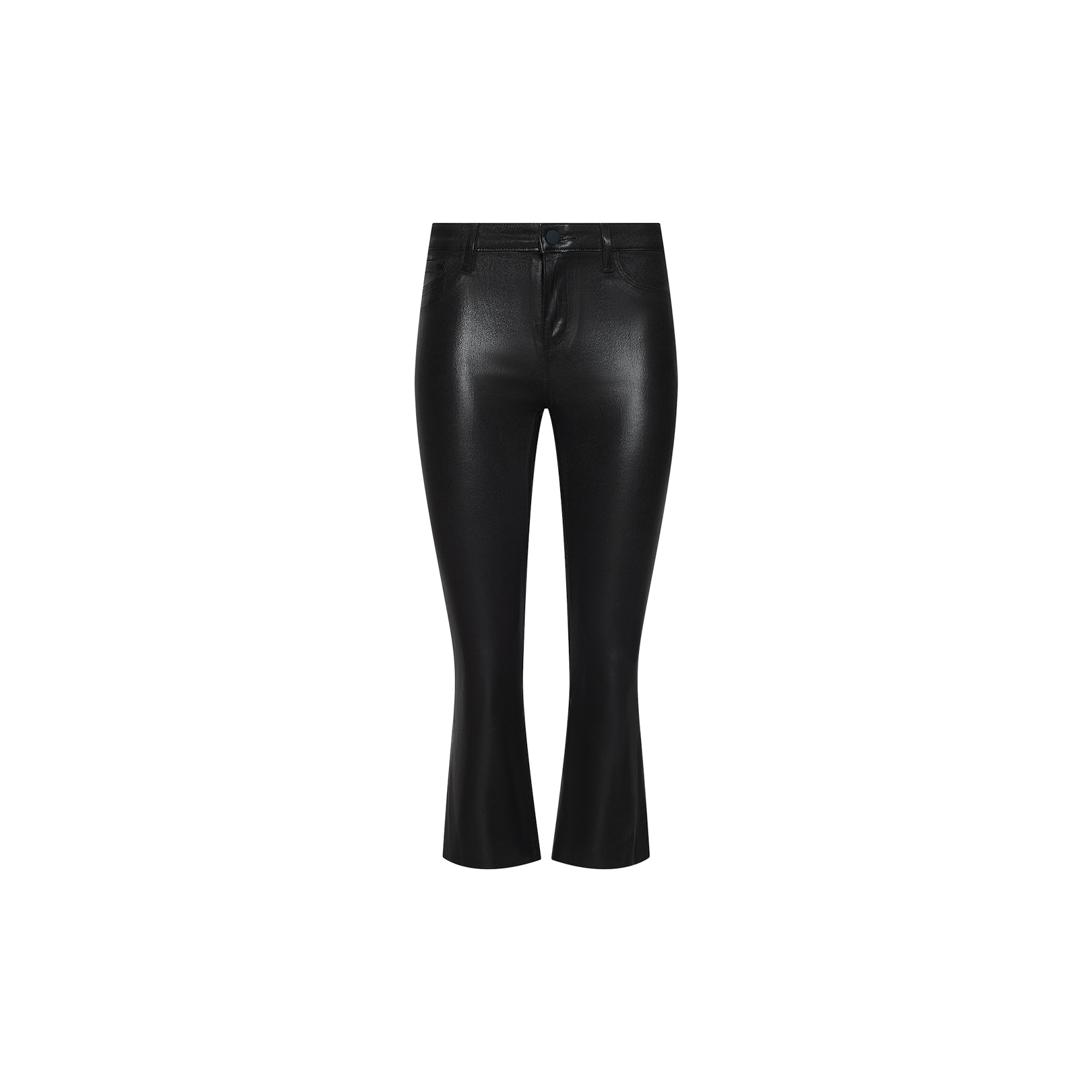 The Petite Kendra Coated Jean is crafted from black faux leather-coated denim and features a mid-rise waist, straight-leg cut, cropped length, and classic five-pocket design, displayed on a plain white background.