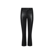 Petite Kendra Coated Jean in black faux leather features a high-rise waist, straight, slightly flared leg, classic five-pocket styling, and front button and zipper closure. Displayed on a plain white background.