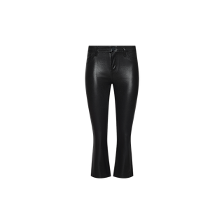 The Petite Kendra Coated Jean is crafted from black faux leather-coated denim and features a mid-rise waist, straight-leg cut, cropped length, and classic five-pocket design, displayed on a plain white background.