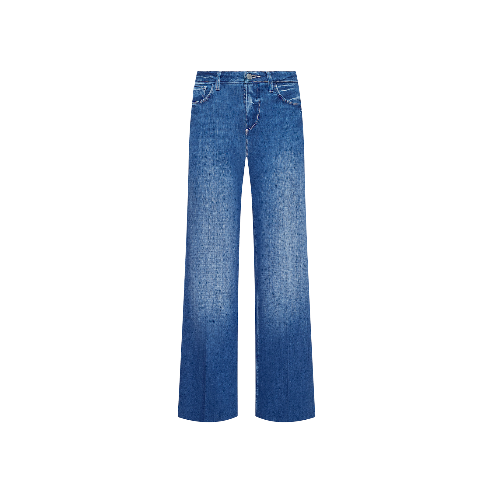 Petite Scottie Wide-Leg Jean in indigo wash, featuring a high-waisted wide-leg silhouette with front and back pockets, button and zipper closure, and subtle thigh fading, displayed against a plain white background.